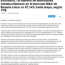 El nmero de inversiones estadounidenses en el mercado M&A de Espaa crece un 57,14% hasta mayo, segn TTR